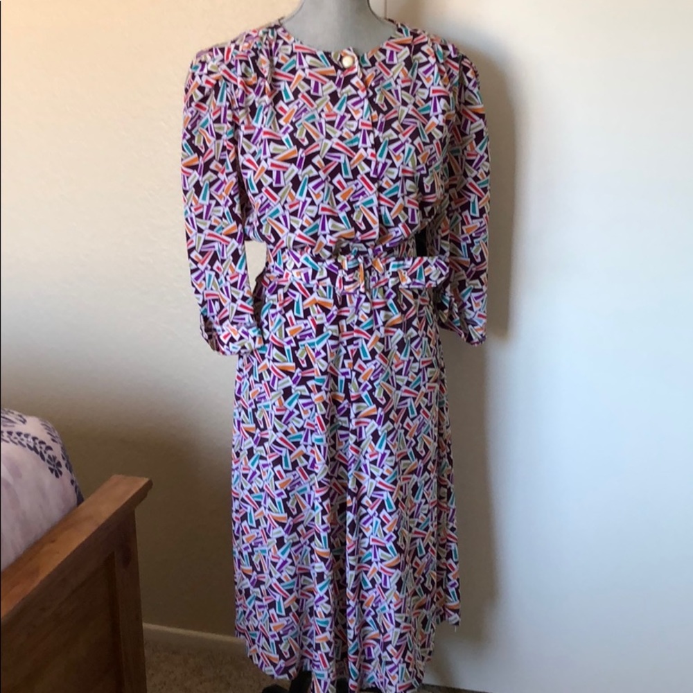 VINTAGE Retro Print Midi Dress: Size 10